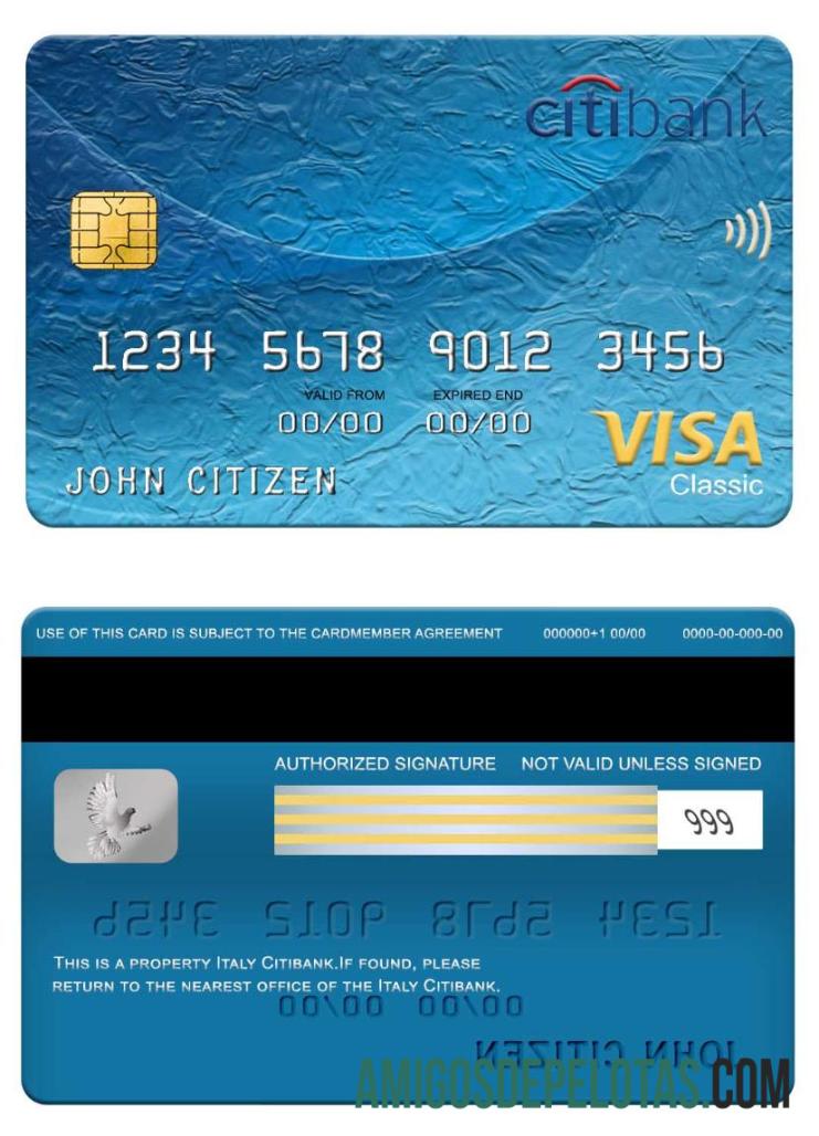 Cartão Citibank Visa Classic da Itália exemplo